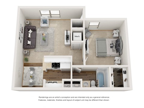 Floor plan for 1 bed, 1 bath, 680 sqft